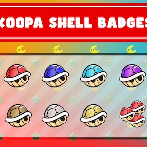 May include: A collection of Koopa Shell Badges in various colors, including green, red, blue, teal, purple, orange, pink, brown, gray, and yellow. The badges feature a shell design with a white border and a Koopa face. The background is a gradient of colors.