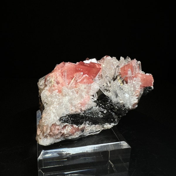 Rhodochrosite, Wolframite & Quartz From Pasto Bueno, Pampas District, Pallasca Province, Ancash, Peru (Stand Included) Collectors Piece