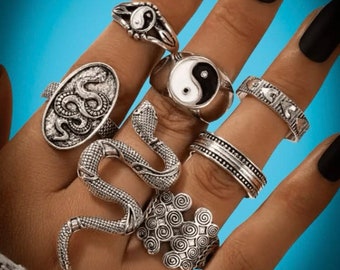 Silver Snake Ring Sets, Snake Jewelry, Wrap Ring, Snake rings for women, Gift for her, Reptile Ring, statement ring, goth jewelry, goth ring