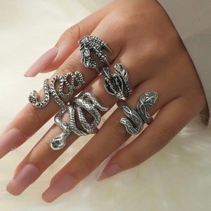 Silver Snake Ring Set, Snake Jewelry, Wrap Ring, Snake rings for women, Gift for her, Reptile Ring, statement ring, goth jewelry, goth ring