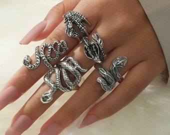 Silver Snake Ring Set, Snake Jewelry, Wrap Ring, Snake rings for women, Gift for her, Reptile Ring, statement ring, goth jewelry, goth ring