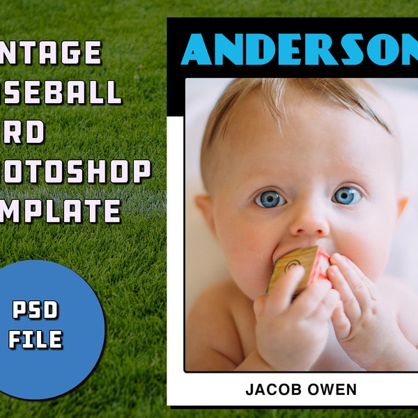 Retro 1980s Vintage Style Baseball Card Birth Announcement Template for Photoshop | psd File for Instant Download