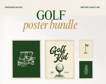 May include: A set of four green and white golf-themed nursery prints. The prints feature a golf cart, a golf ball on a tee, a golf flag, and a golf bag. The prints are framed in a light wood frame and are hung on a white wall.