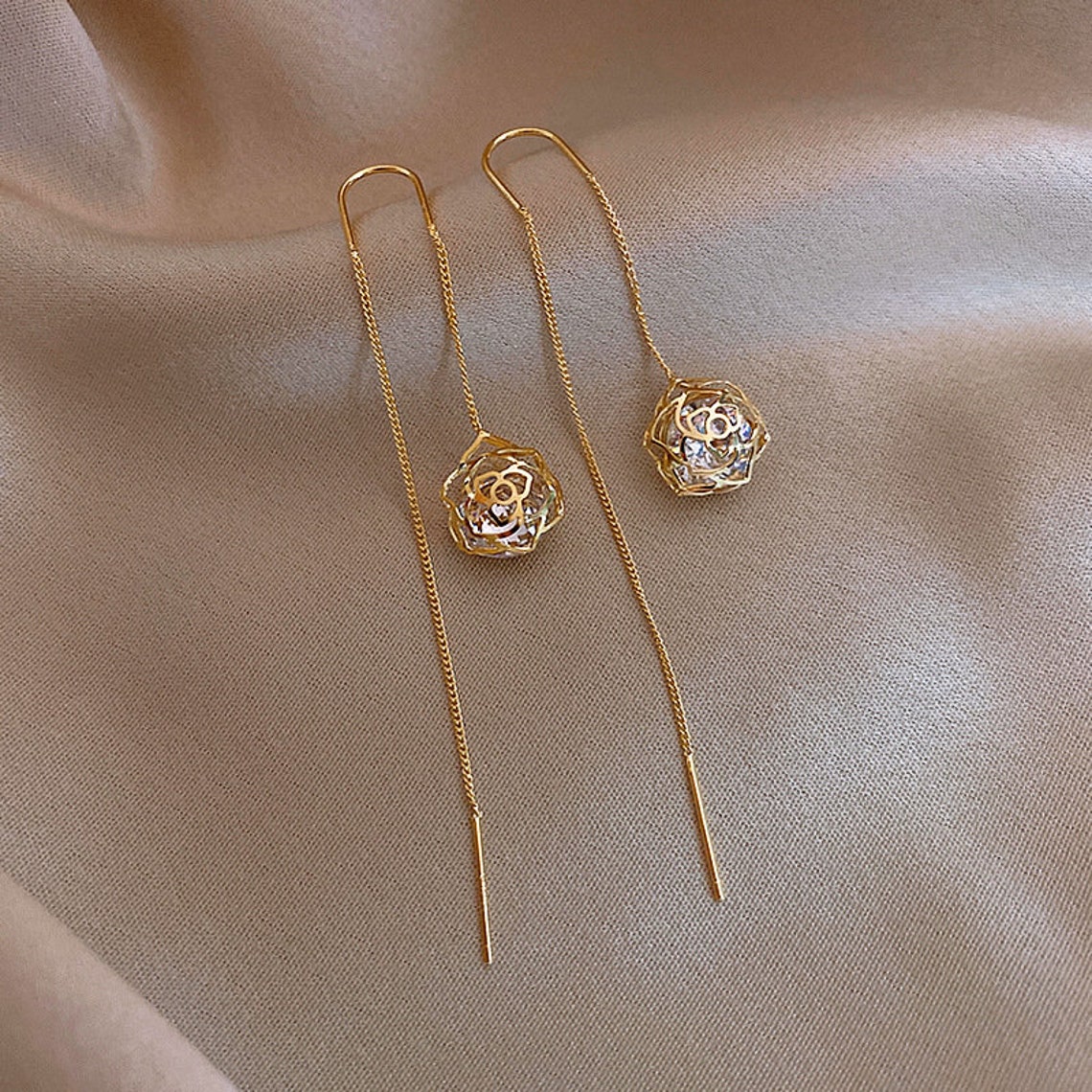 Gold Plated Zircon Ball Threader Earrings Threader Earrings Etsy