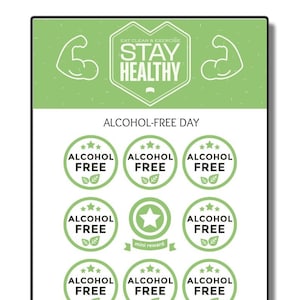 Può includere: Un poster motivazionale verde e bianco con il testo "Eat Clean & Exercise Stay Healthy" e "Alcohol-Free Day". Il poster presenta nove cerchi verdi con il testo "Alcohol Free" e una singola stella verde con il testo "mini reward".