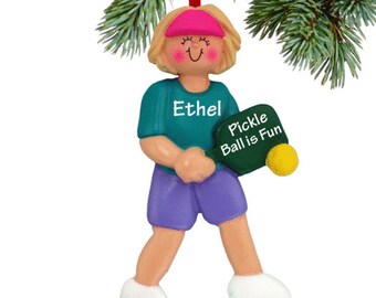 Personalized Pickleball Female Christmas Ornament. Brunette and Blonde