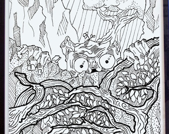 Whimsical Forest Creature Art Print, Fantasy Line Drawing, Surreal Woodland Illustration, Storybook Wall Art, Nature Inspired Decor