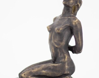 Bronze Kneeling Female Sculpture, Handmade Figurative Art Nouveau Inspired Nude, Decorative Pillow Base, Collectible Art
