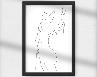 Female Body Line Art Print, Minimalist Nude Torso Drawing, Modern Black White Poster, Contemporary Wall Decor