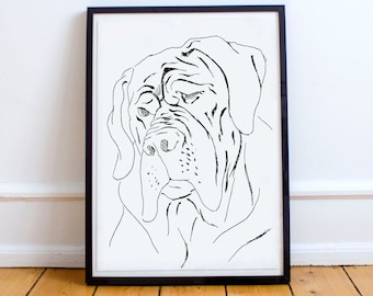 Neapolitan Mastiff Wall Art Print, Dog Portrait Line Drawing, Minimalist Pet Illustration, Mastiff Lover Gift, Large Dog Artwork