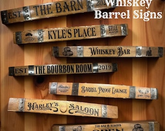 Custom Whiskey Barrel Sign: Handcrafted Bourbon Decor for Man Cave - 35” long