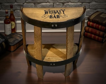 Rustic Whiskey Barrel End Table | Reclaimed Wood Half Round, Man Cave Bar Decor