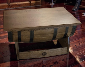 Reclaimed Whiskey Barrel Coffee Table with Lift Top – Rustic Oak Furniture