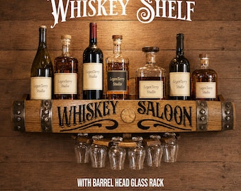 Personalized Whiskey Barrel Stave Liquor Shelf with 6-Glass Rack | Rustic Home Bar Decor