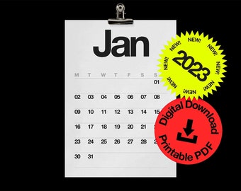 A4 Monthly Wall Calendar - 2023 Planner - Minimalist Brutalist Design -A4 Printable PDF - Digital Download