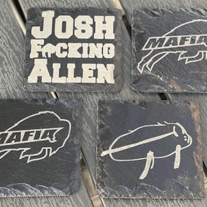 Conjunto personalizado de 4 posavasos de bebidas de pizarra grabados con láser, Bills Mafia, Josh Allen, Super Bowl, Cabra, Búfalo, Queso Bleu, Campeones de la AFC
