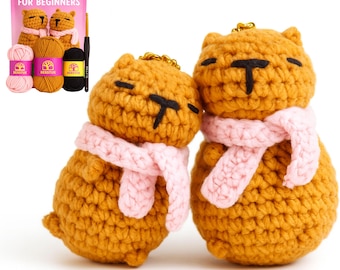 Beginner Crochet Kit – Make a Cute Capybara with Scarf | Complete Amigurumi Animal Crochet Set with Yarn, Hook, Keychains & Video Tutorials