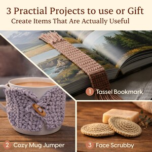 Crochet Kit for Beginners – Step-by-Step Video Tutorials for Functional Projects – Bookmark, Mug Jumper & Face Scrub - Perfect Gift image 2