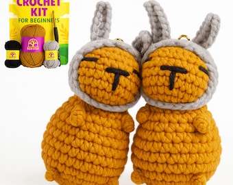 Beginner Crochet Kit – Make a Cute Capybara with Bunny Ears | Amigurumi Animal Crochet Set with Yarn, Hook, Keychains & Video Tutorials