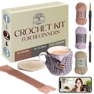 Crochet Kit for Beginners – Step-by-Step Video Tutorials for Functional Projects – Bookmark, Mug Jumper & Face Scrub - Perfect Gift