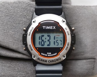 Timex Digital Vintage Quartz Watch Nos | Rare 90s Timex NM 29 RR | Black Silver Alarm Stopwatch Indiglo | Retro Men’s Watch USA