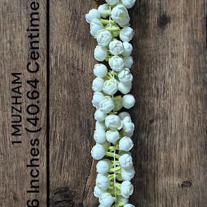 Puede incluir: Una larga guirnalda de capullos de flores artificiales blancos ensartados en un cordón verde claro. La guirnalda mide 40,64 centímetros o 16 pulgadas de largo, como indica el texto 1 MUZHAM 16 Inches (40.64 Centimetres) y 1 MUZHAM=16 INCHES.