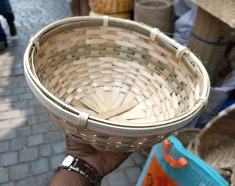 Cestino rustico in bambù intrecciato a mano, ciotola rotonda intrecciata, decorazione ecologica per la casa, cestino portaoggetti naturale, centrotavola da fattoria, artigianato in bambù fatto a mano