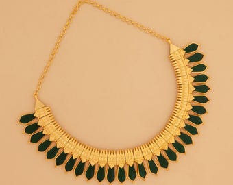 Dark Green Kerala Palakka Mala Choker | One Gram Gold Short Necklace | Traditional South Indian Bridal Jewelry
