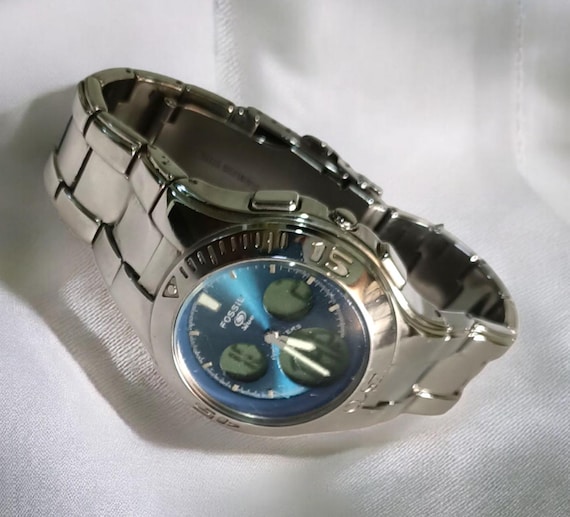 Vintage Fossil Ana Digi Watch | Blue Dial Stainless Steel Diver BQ