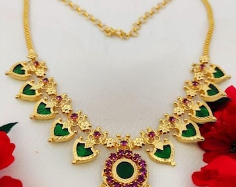 Kerala palakka Mala Green 5 Petal | Traditional One Gram Gold Necklace | South Indian Wedding Jewelry Festival Temple Necklace