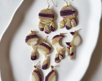 Ohrringe grün-gelb-violett, handgemacht, aus Polymerton, Frühling