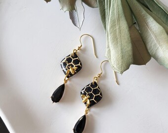 Bee earrings, black and gold, summer, handmade, gift