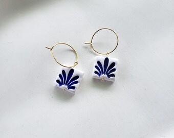 White and blue earrings with Greek pattern, made of polymer clay, boho style, handmade