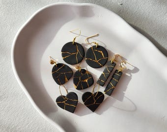 Ohrringe, schwarz, gold, elegant, Industrial-Style, Polymerton, handgemacht