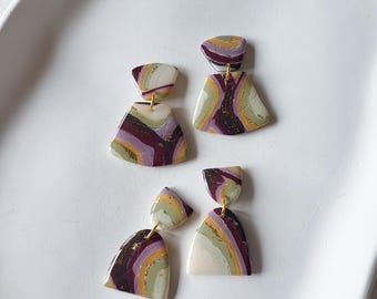 Ohrringe grün-gelb-violett, handgemacht, aus Polymerton, Frühling