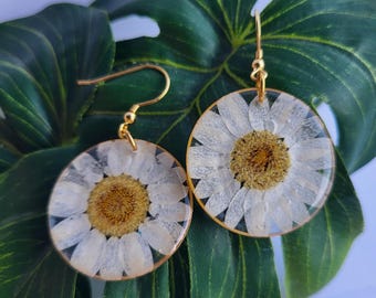 Earrings gold, white, dried pressed flower, resin, boho, handmade, summer