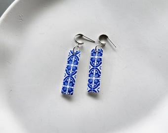 White and blue earrings with Greek pattern, made of polymer clay, boho style, handmade