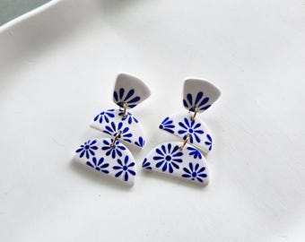 White and blue earrings with Greek pattern, made of polymer clay, boho style, handmade