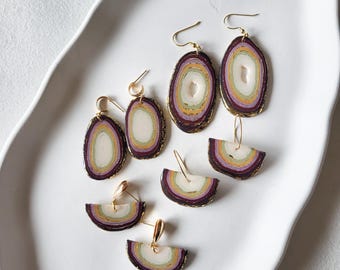 Ohrringe grün-gelb-violett, handgemacht, aus Polymerton, Frühling