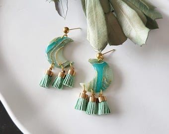 Earrings turquoise, gold, crescent moon, oriental, sea, summer, handmade