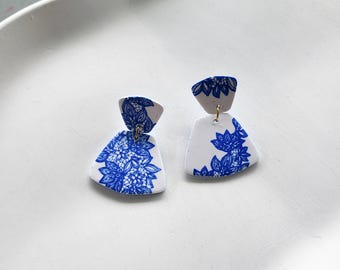 White and blue earrings with Greek pattern, made of polymer clay, boho style, handmade