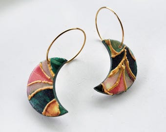 Oriental earrings, crescent moon, green-gold, handmade, made of polymer clay