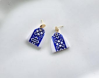 White and blue earrings with Greek pattern, made of polymer clay, boho style, handmade