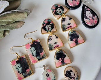 Statement-Ohrringe, Geisha, Faces, Polymerton, handgemacht