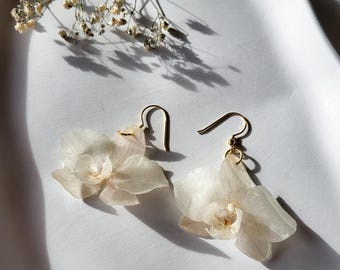 Ohrringe ECHTE 3D-getrocknete Blume, Orchidee, weiss, in Resin, Boho, handgemacht, Frühling