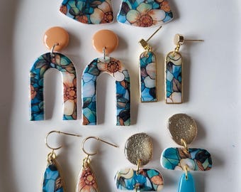 FLOWER POWER light blue edition collection, floral print, handmade, gift for her, made from polymer clay