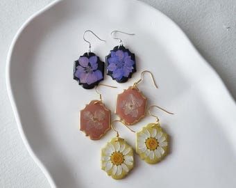 Ohrringe mit getrockneten gepressten Blumen, Boho, handgemacht, Sommer