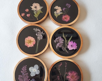 Untersetzer für Trinkgläser "RUSTIC FLOWER", Holz, echte Blumen, 6er-Set, Geschenk