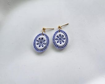 White and blue earrings with Greek pattern, made of polymer clay, boho style, handmade