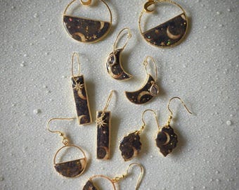 Ohrringe schwarz-gold-glitzernd, Mond & Sterne, aus Polymerton, festlich, Winter, Weihnachten